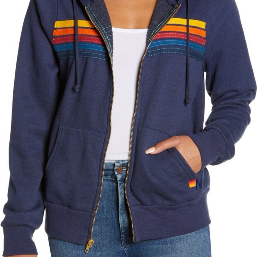 Aviator Nation Blue Hoodie with Colorful Stripes